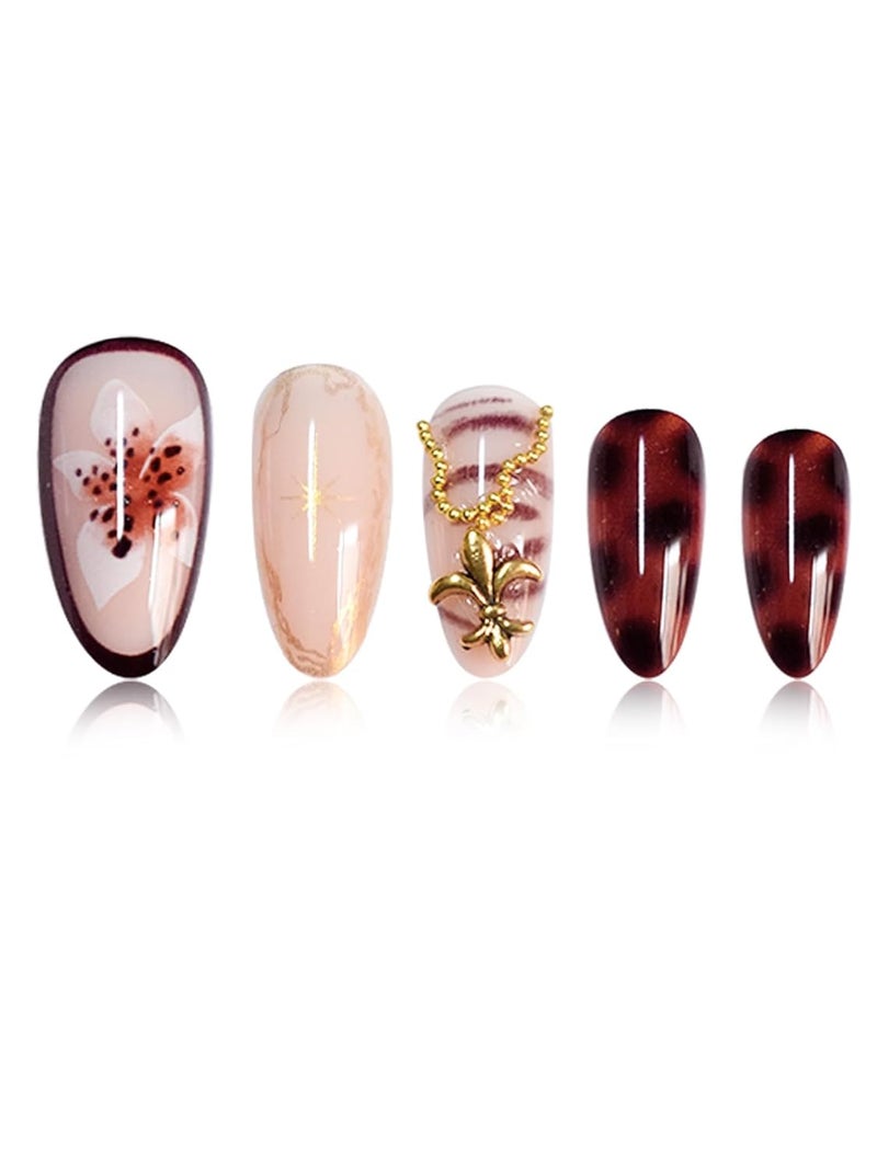 SEENEEY Medium Almond Press on Nails Brown Fake Nails Floral Artificial Nail with Gold Charm Designs Glitter Stick on Nail for Women 24pcs - Image 3